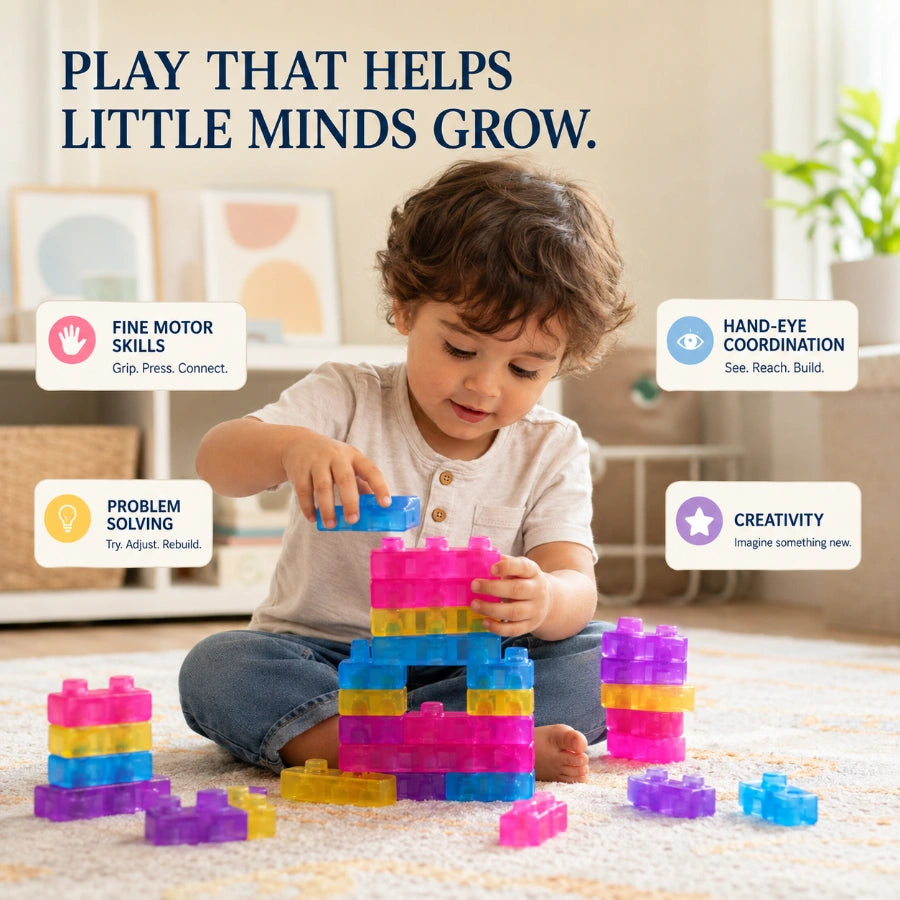 Scoobies Build-A-Squish Soft Blocks, 32 PCS Squishy Building Blocks for Kids | Flexible & Translucent Sensory Construction Toy, Stack, Connect & Create | Creative Learning & Fine Motor Skills Toy for Ages 3+