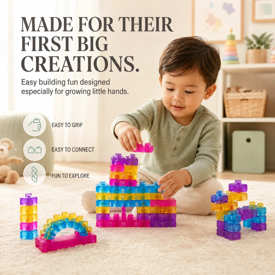 Scoobies Build-A-Squish Soft Blocks, 32 PCS Squishy Building Blocks for Kids | Flexible & Translucent Sensory Construction Toy, Stack, Connect & Create | Creative Learning & Fine Motor Skills Toy for Ages 3+