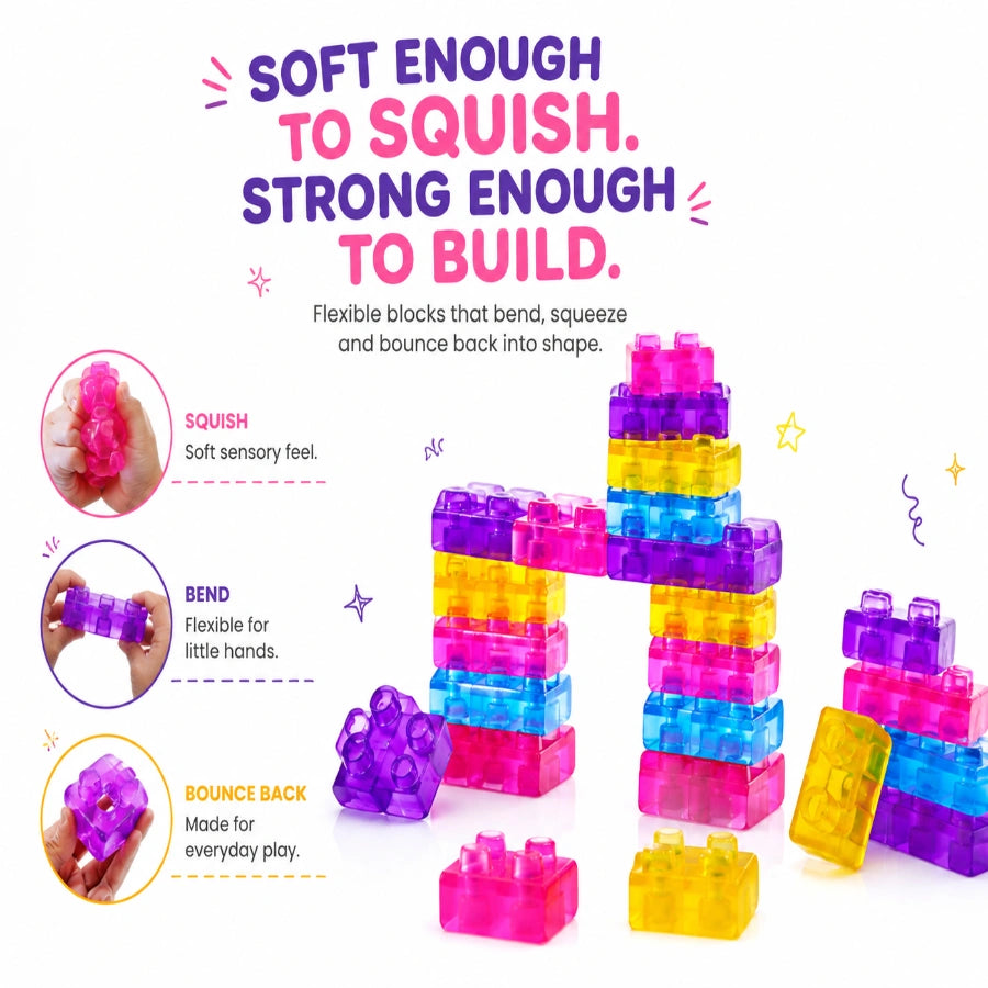 Scoobies Build-A-Squish Soft Blocks, 32 PCS Squishy Building Blocks for Kids | Flexible & Translucent Sensory Construction Toy, Stack, Connect & Create | Creative Learning & Fine Motor Skills Toy for Ages 3+