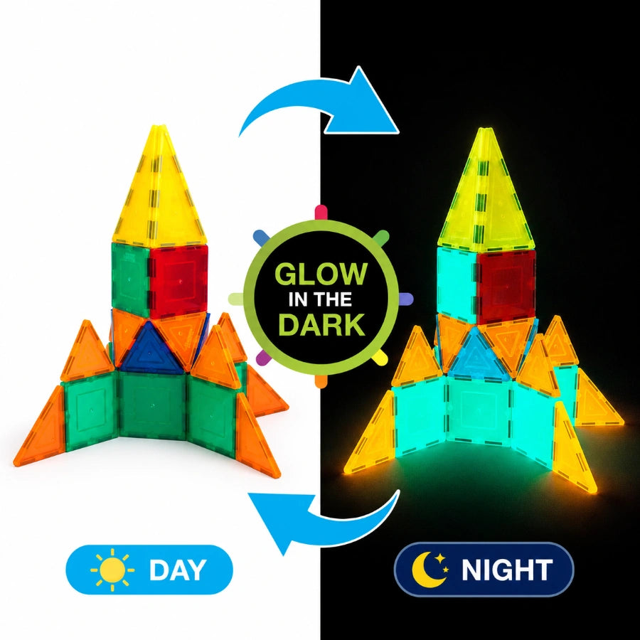 Scoobies Glow in the Dark Magnetic Tiles, 60 PCS Building Set for Kids | Magnetic Construction Toy with Glowing Tiles, Creative STEM Play, Shapes & Structures | Ages 3+