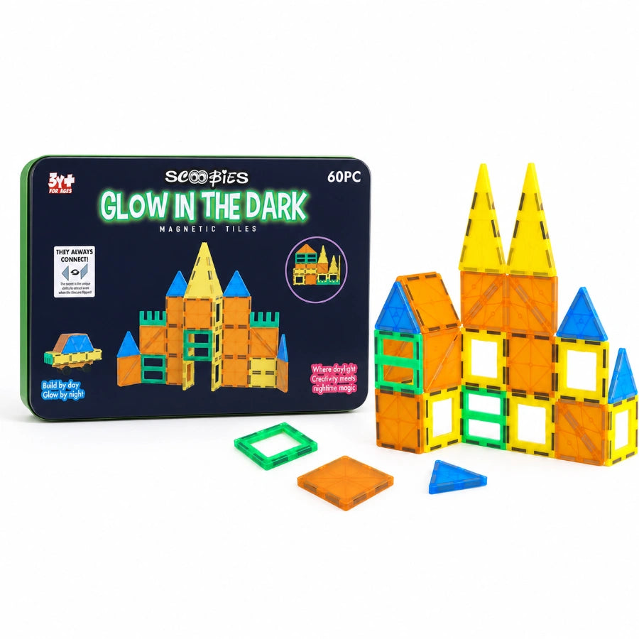Scoobies Glow in the Dark Magnetic Tiles, 60 PCS Building Set for Kids | Magnetic Construction Toy with Glowing Tiles, Creative STEM Play, Shapes & Structures | Ages 3+
