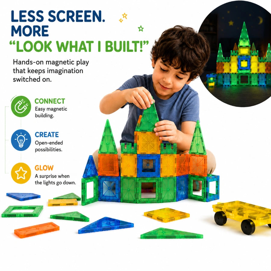 Scoobies Glow in the Dark Magnetic Tiles, 60 PCS Building Set for Kids | Magnetic Construction Toy with Glowing Tiles, Creative STEM Play, Shapes & Structures | Ages 3+