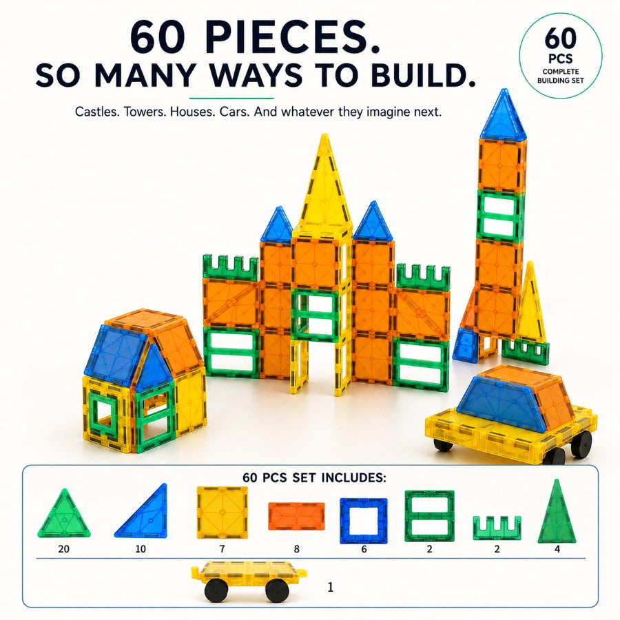 Scoobies Glow in the Dark Magnetic Tiles, 60 PCS Building Set for Kids | Magnetic Construction Toy with Glowing Tiles, Creative STEM Play, Shapes & Structures | Ages 3+