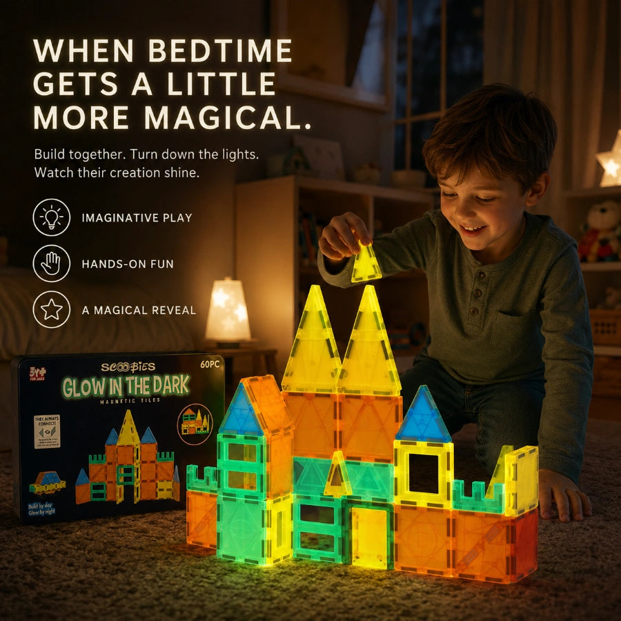 Scoobies Glow in the Dark Magnetic Tiles, 60 PCS Building Set for Kids | Magnetic Construction Toy with Glowing Tiles, Creative STEM Play, Shapes & Structures | Ages 3+