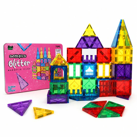 Scoobies Glitter Magnetic Tiles, 70 PCS Building Set for Kids | Colourful Magnetic Construction Toy with Sparkling Tiles, Creative STEM Play & 3D Building Fun | Ages 3+