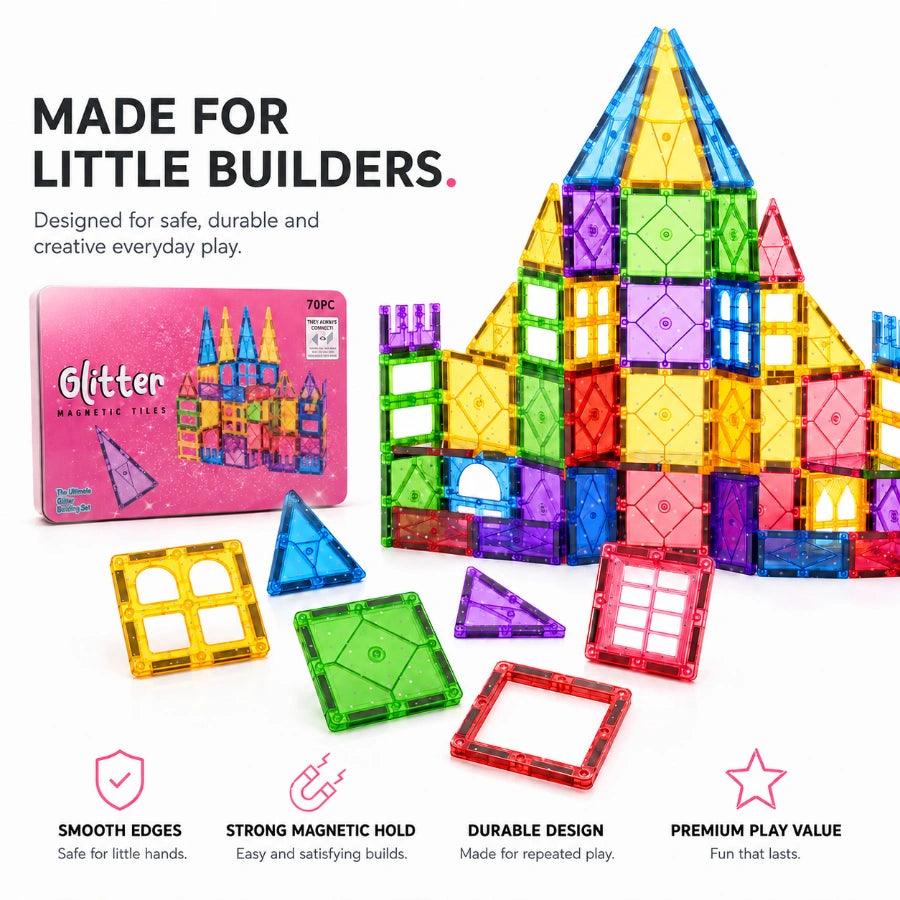 Scoobies Glitter Magnetic Tiles, 70 PCS Building Set for Kids | Colourful Magnetic Construction Toy with Sparkling Tiles, Creative STEM Play & 3D Building Fun | Ages 3+