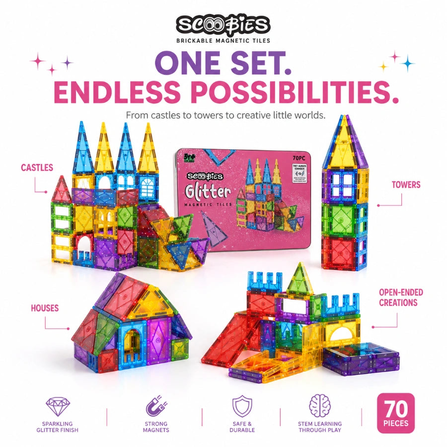 Scoobies Glitter Magnetic Tiles, 70 PCS Building Set for Kids | Colourful Magnetic Construction Toy with Sparkling Tiles, Creative STEM Play & 3D Building Fun | Ages 3+