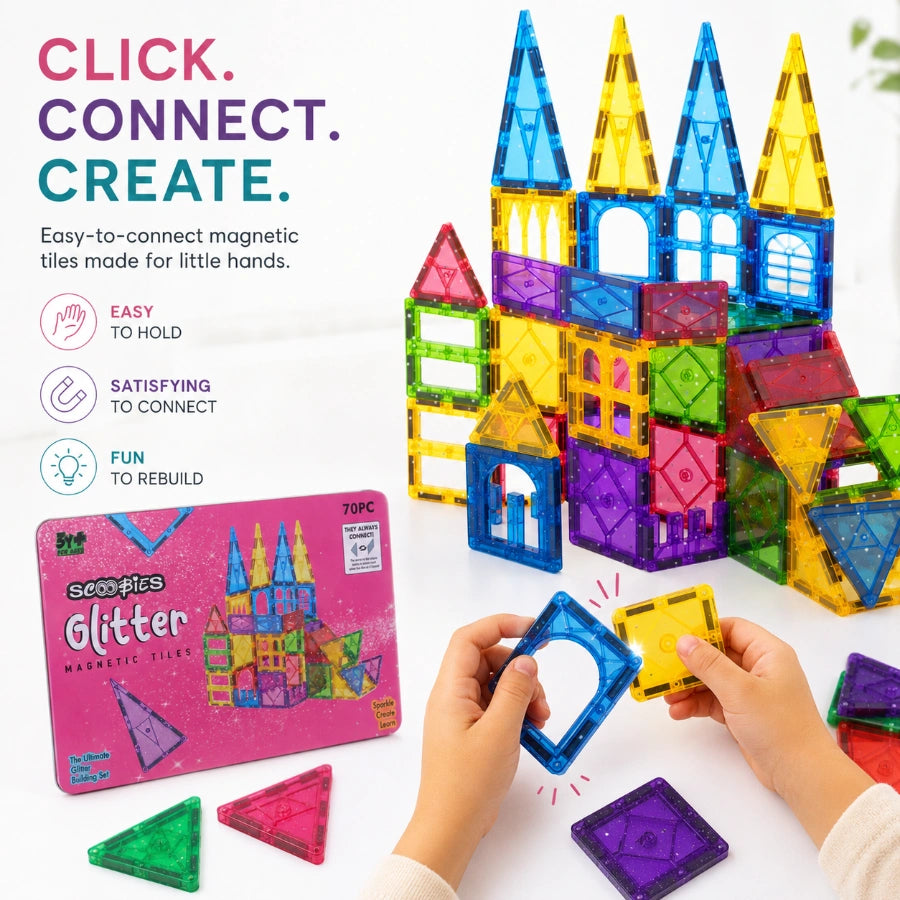 Scoobies Glitter Magnetic Tiles, 70 PCS Building Set for Kids | Colourful Magnetic Construction Toy with Sparkling Tiles, Creative STEM Play & 3D Building Fun | Ages 3+