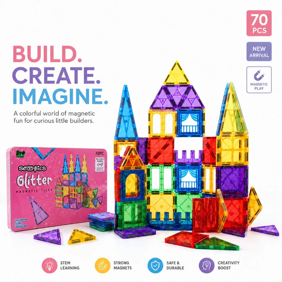 Scoobies Glitter Magnetic Tiles, 70 PCS Building Set for Kids | Colourful Magnetic Construction Toy with Sparkling Tiles, Creative STEM Play & 3D Building Fun | Ages 3+