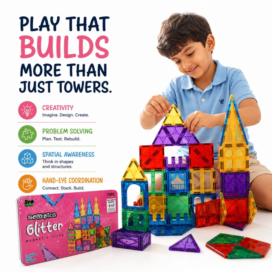 Scoobies Glitter Magnetic Tiles, 70 PCS Building Set for Kids | Colourful Magnetic Construction Toy with Sparkling Tiles, Creative STEM Play & 3D Building Fun | Ages 3+