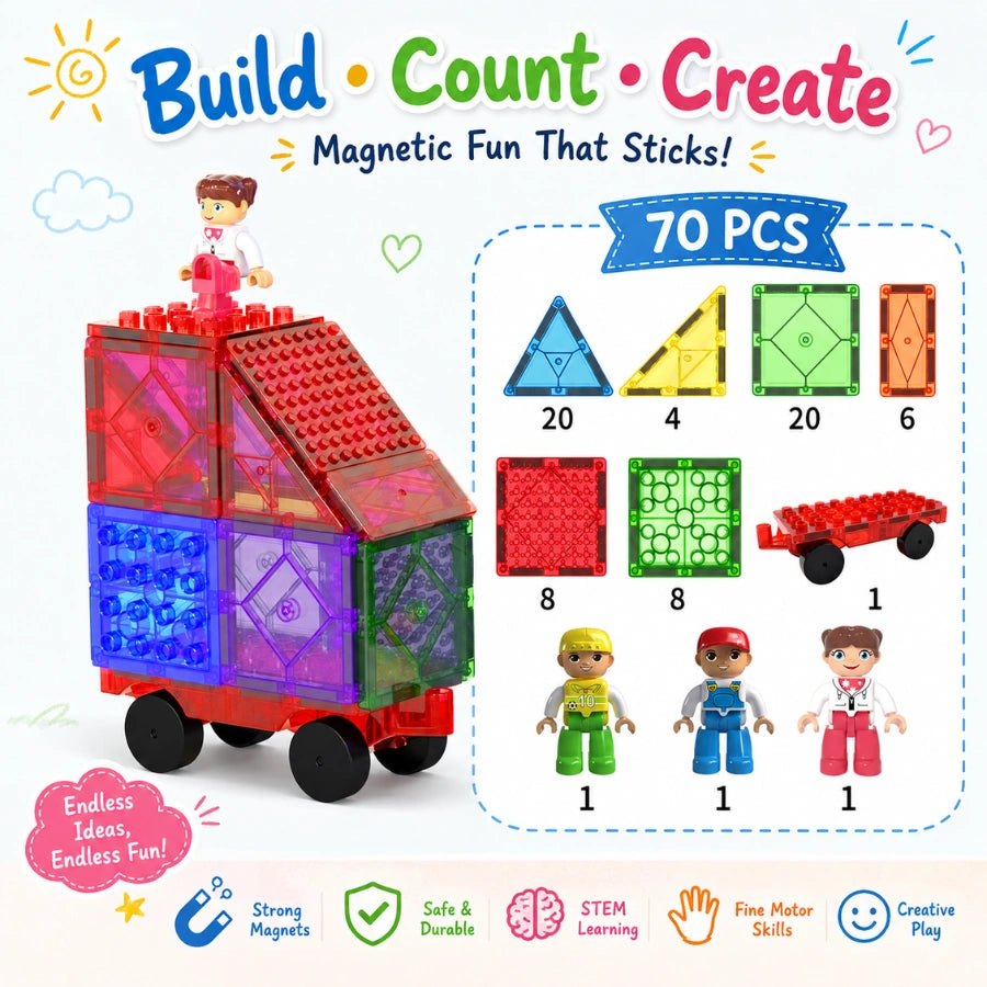 Scoobies Brickable Magnetic Tiles, 70 PCS Building Set for Kids | Magnetic Construction Tiles with Brick-Compatible Surfaces, Figures & Vehicle | STEM Creative Play Toy | Ages 3+