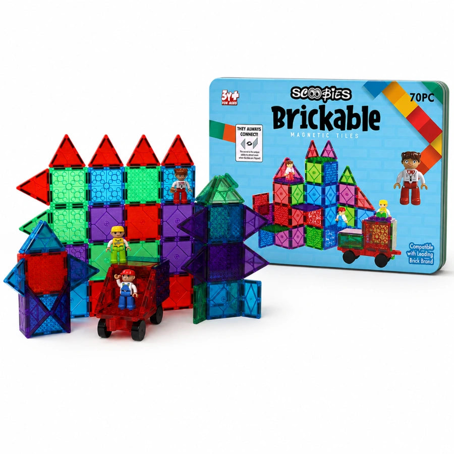 Scoobies Brickable Magnetic Tiles, 70 PCS Building Set for Kids | Magnetic Construction Tiles with Brick-Compatible Surfaces, Figures & Vehicle | STEM Creative Play Toy | Ages 3+