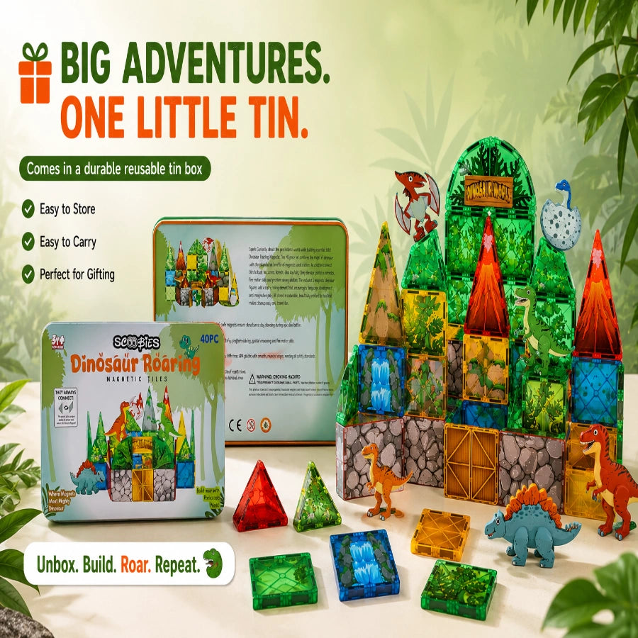 Scoobies Dinosaur Roaring Magnetic Tiles, 40 PCS Building Set for Kids | Dino-Themed Magnetic Construction Toy with Dinosaur Figures, Volcano & Jungle Pieces | STEM Creative Play | Ages 3+