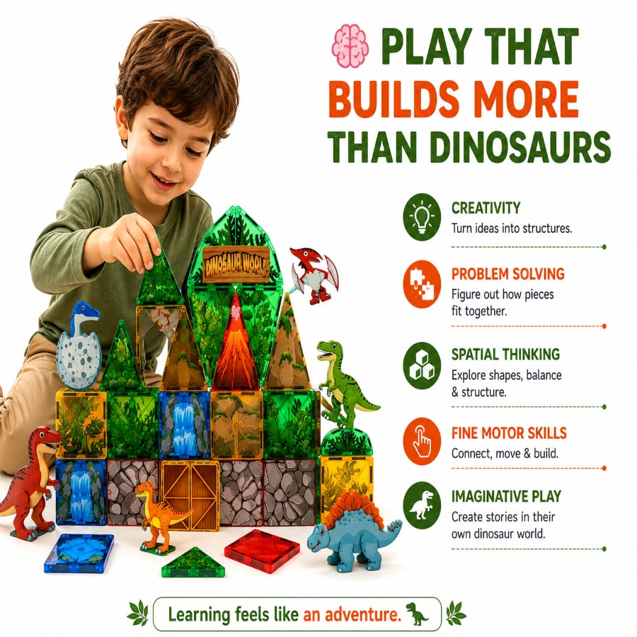 Scoobies Dinosaur Roaring Magnetic Tiles, 40 PCS Building Set for Kids | Dino-Themed Magnetic Construction Toy with Dinosaur Figures, Volcano & Jungle Pieces | STEM Creative Play | Ages 3+