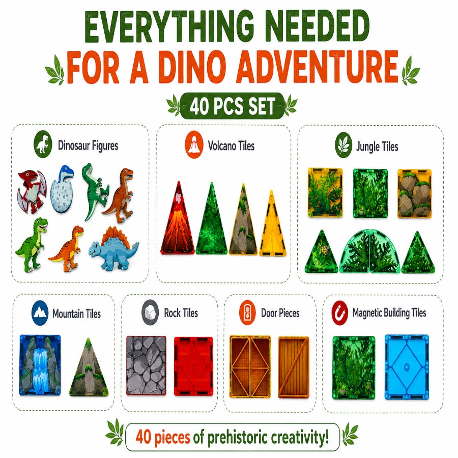Scoobies Dinosaur Roaring Magnetic Tiles, 40 PCS Building Set for Kids | Dino-Themed Magnetic Construction Toy with Dinosaur Figures, Volcano & Jungle Pieces | STEM Creative Play | Ages 3+