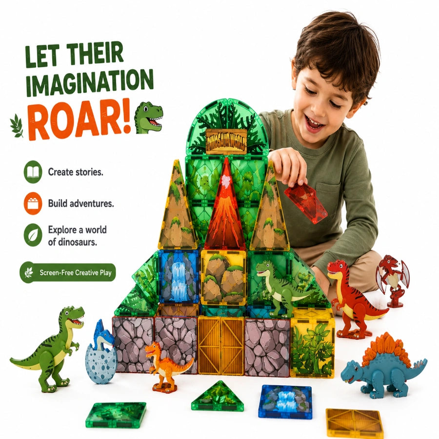 Scoobies Dinosaur Roaring Magnetic Tiles, 40 PCS Building Set for Kids | Dino-Themed Magnetic Construction Toy with Dinosaur Figures, Volcano & Jungle Pieces | STEM Creative Play | Ages 3+