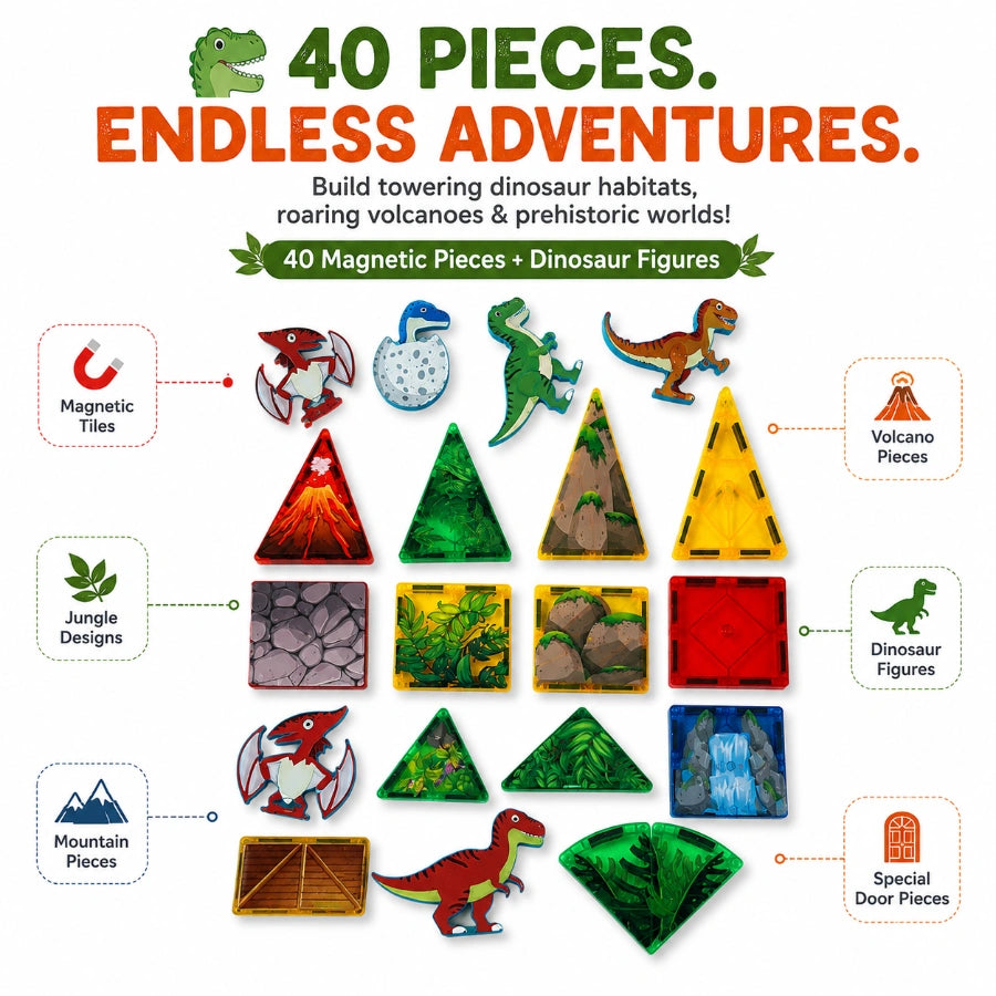 Scoobies Dinosaur Roaring Magnetic Tiles, 40 PCS Building Set for Kids | Dino-Themed Magnetic Construction Toy with Dinosaur Figures, Volcano & Jungle Pieces | STEM Creative Play | Ages 3+