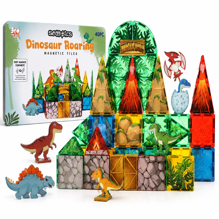 Scoobies Dinosaur Roaring Magnetic Tiles, 40 PCS Building Set for Kids | Dino-Themed Magnetic Construction Toy with Dinosaur Figures, Volcano & Jungle Pieces | STEM Creative Play | Ages 3+