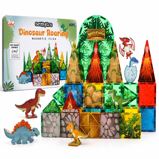 Scoobies Dinosaur Roaring Magnetic Tiles, 40 PCS Building Set for Kids | Dino-Themed Magnetic Construction Toy with Dinosaur Figures, Volcano & Jungle Pieces | STEM Creative Play | Ages 3+