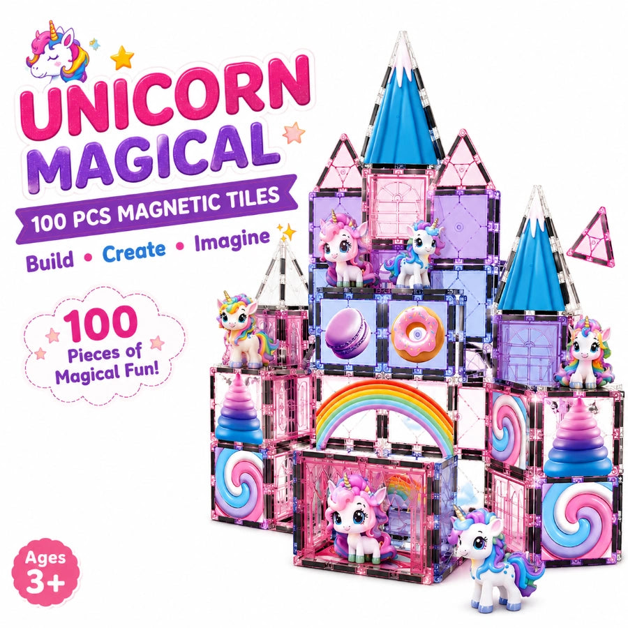 Scoobies Unicorn Magical Magnetic Tiles, 100 PCS Building Set for Kids | Unicorn-Themed Magnetic Construction Toy with Rainbow, Candy & Castle Pieces | Creative STEM Play | Ages 3+
