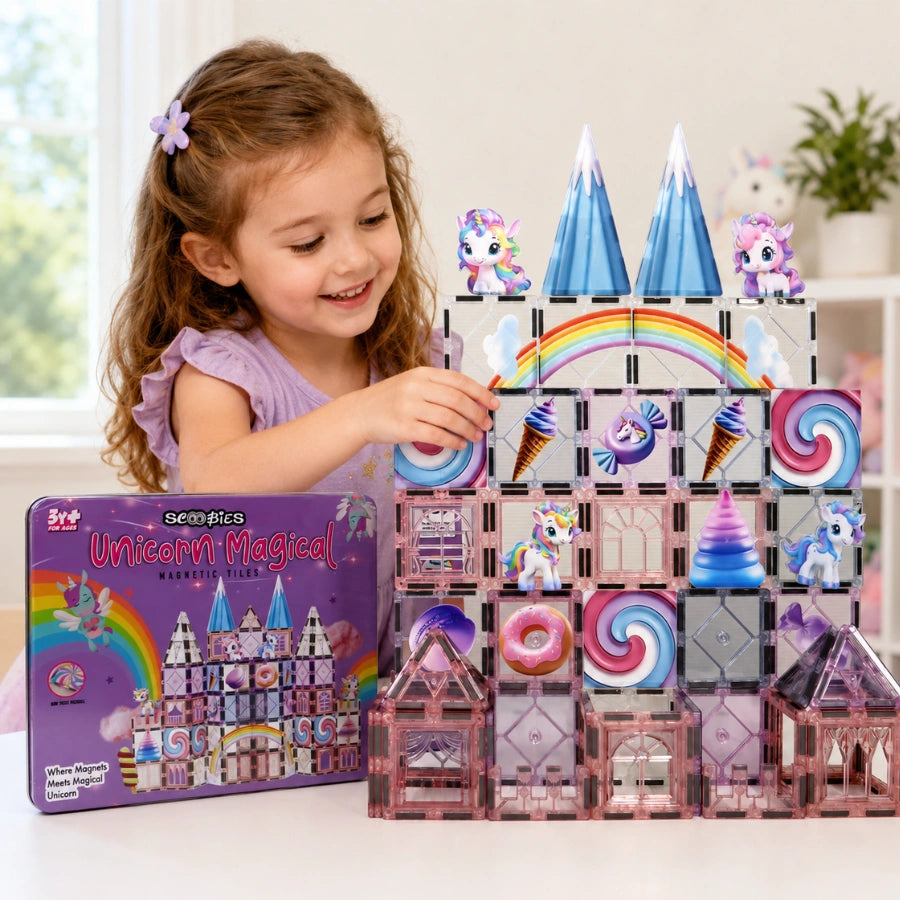 Scoobies Unicorn Magical Magnetic Tiles, 100 PCS Building Set for Kids | Unicorn-Themed Magnetic Construction Toy with Rainbow, Candy & Castle Pieces | Creative STEM Play | Ages 3+