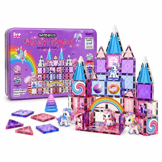 Scoobies Unicorn Magical Magnetic Tiles, 100 PCS Building Set for Kids | Unicorn-Themed Magnetic Construction Toy with Rainbow, Candy & Castle Pieces | Creative STEM Play | Ages 3+