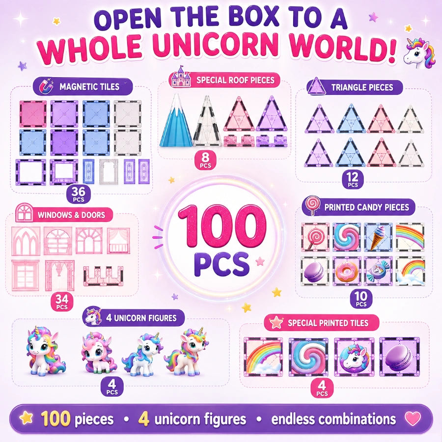 Scoobies Unicorn Magical Magnetic Tiles, 100 PCS Building Set for Kids | Unicorn-Themed Magnetic Construction Toy with Rainbow, Candy & Castle Pieces | Creative STEM Play | Ages 3+