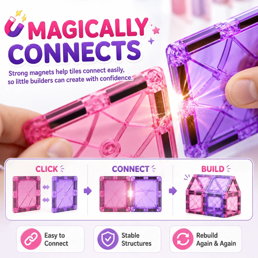 Scoobies Unicorn Magical Magnetic Tiles, 100 PCS Building Set for Kids | Unicorn-Themed Magnetic Construction Toy with Rainbow, Candy & Castle Pieces | Creative STEM Play | Ages 3+