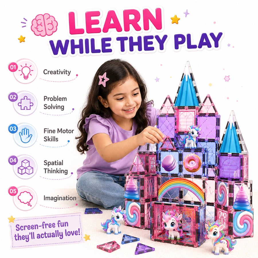 Scoobies Unicorn Magical Magnetic Tiles, 100 PCS Building Set for Kids | Unicorn-Themed Magnetic Construction Toy with Rainbow, Candy & Castle Pieces | Creative STEM Play | Ages 3+