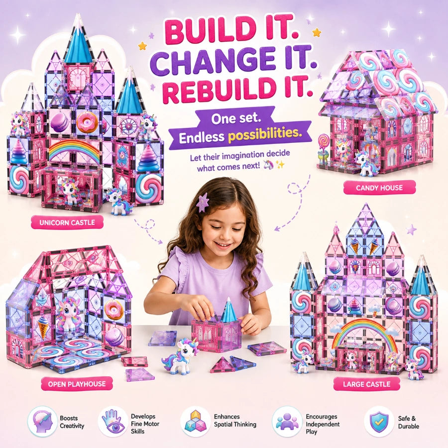 Scoobies Unicorn Magical Magnetic Tiles, 100 PCS Building Set for Kids | Unicorn-Themed Magnetic Construction Toy with Rainbow, Candy & Castle Pieces | Creative STEM Play | Ages 3+