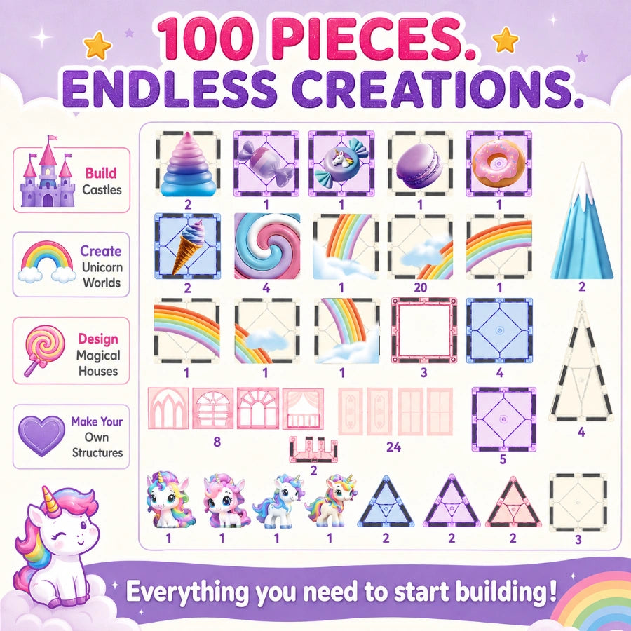 Scoobies Unicorn Magical Magnetic Tiles, 100 PCS Building Set for Kids | Unicorn-Themed Magnetic Construction Toy with Rainbow, Candy & Castle Pieces | Creative STEM Play | Ages 3+