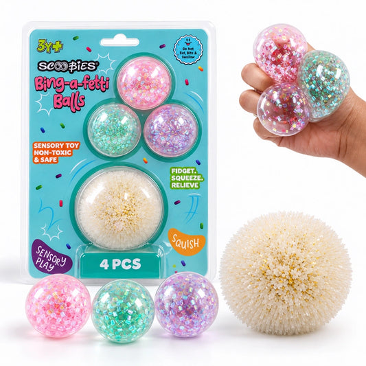 Scoobies Bing-a-fetti Balls: 3 Bingsu Bead Squishy Balls + 1 Large Puffer Sensory Ball (Set of 4) (Pink, Purple, Green & White) | Stress Relief & Sensory Play | Squeeze, Squish & Pop | Sparkly Fidget Fun for Kids & Adults