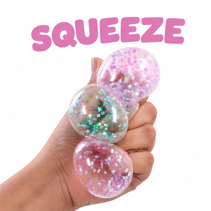 Scoobies Bing-a-fetti Balls: 3 Bingsu Bead Squishy Balls + 1 Large Puffer Sensory Ball (Set of 4) (Pink, Purple, Green & White) | Stress Relief & Sensory Play | Squeeze, Squish & Pop | Sparkly Fidget Fun for Kids & Adults