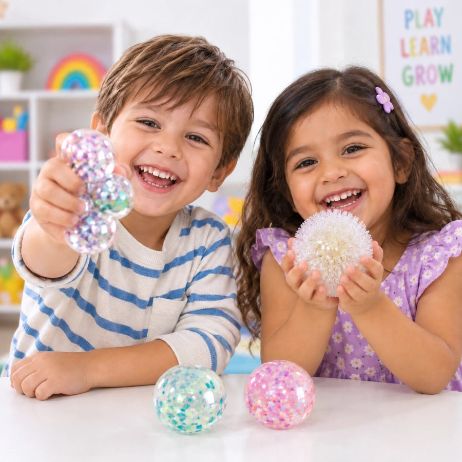 Scoobies Bing-a-fetti Balls: 3 Bingsu Bead Squishy Balls + 1 Large Puffer Sensory Ball (Set of 4) (Pink, Purple, Green & White) | Stress Relief & Sensory Play | Squeeze, Squish & Pop | Sparkly Fidget Fun for Kids & Adults