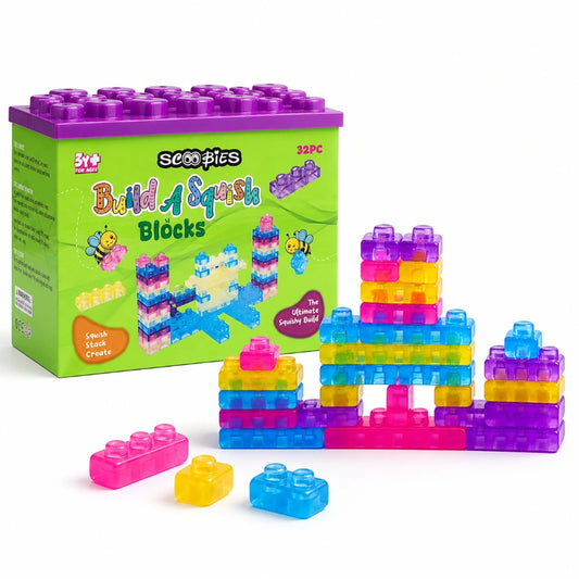 Scoobies Build-A-Squish Soft Blocks, 32 PCS Squishy Building Blocks for Kids | Flexible & Translucent Sensory Construction Toy, Stack, Connect & Create | Creative Learning & Fine Motor Skills Toy for Ages 3+