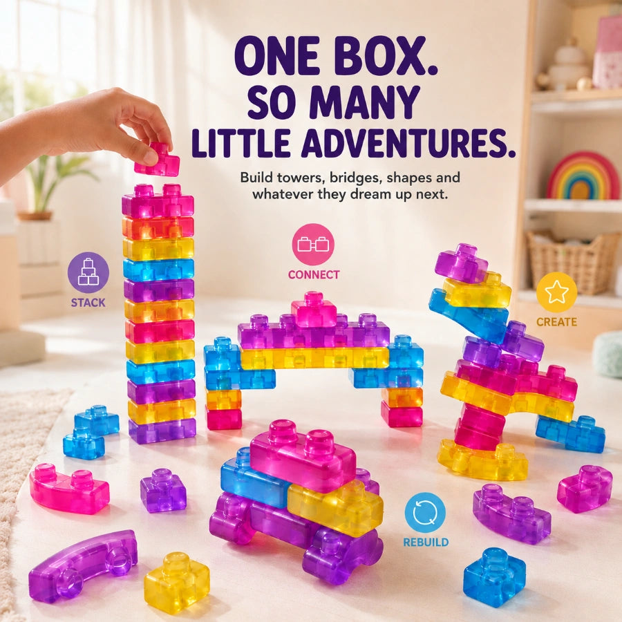 Scoobies Build-A-Squish Soft Blocks, 32 PCS Squishy Building Blocks for Kids | Flexible & Translucent Sensory Construction Toy, Stack, Connect & Create | Creative Learning & Fine Motor Skills Toy for Ages 3+