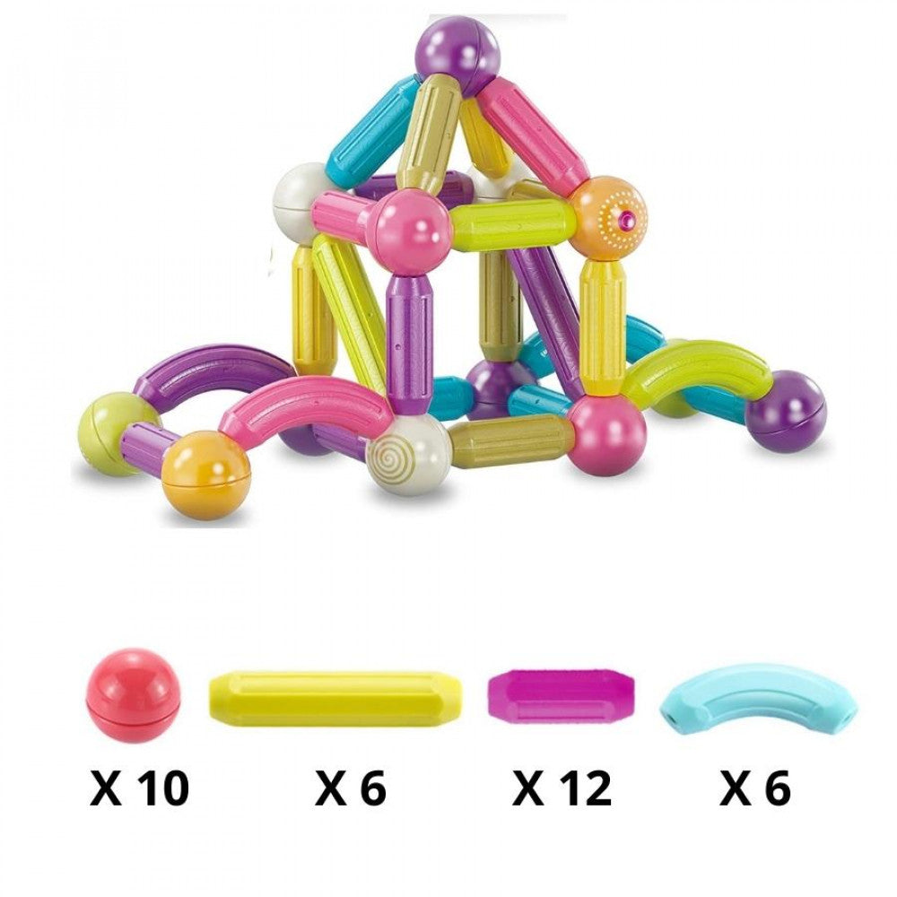 Magnetic Sticks |  34 Piece Ball & Stick Construction Set | 360 Degree Revolvable | Portable Storage Box | STEM Learning Kit