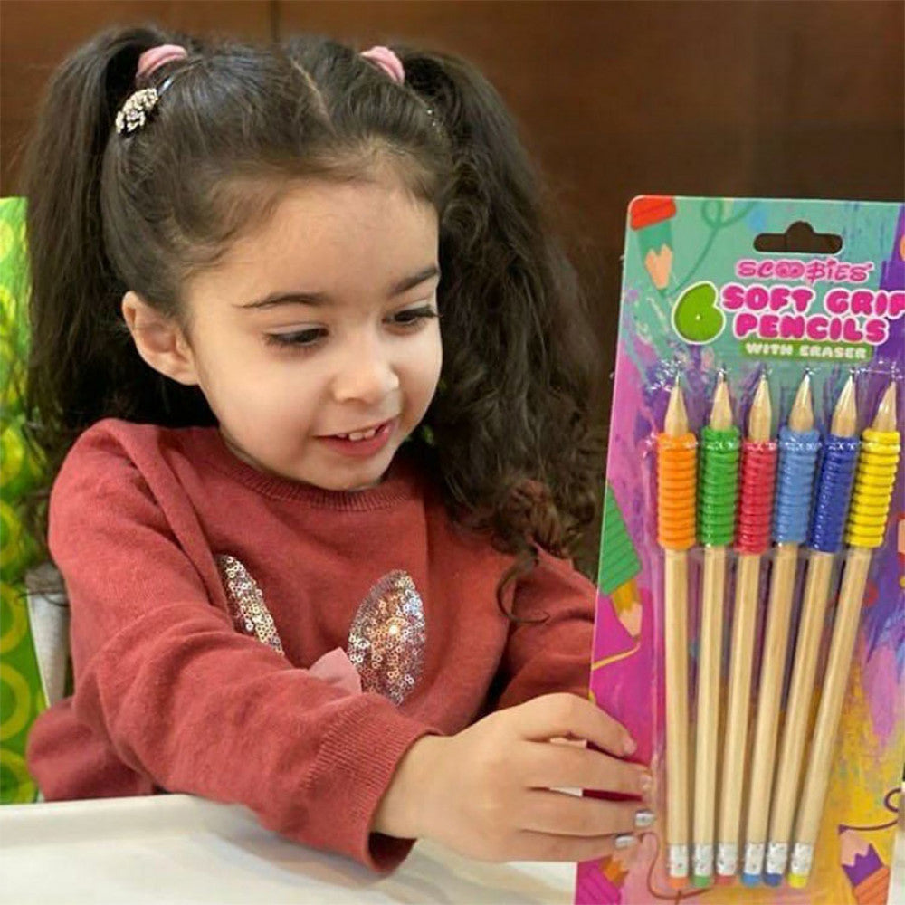 Soft Grip Pencils  |   Pack of 6 |   With Multicolour Removable Grippers |  Eraser Top   |  Ergonomic Extra-Dark Graphite Grip