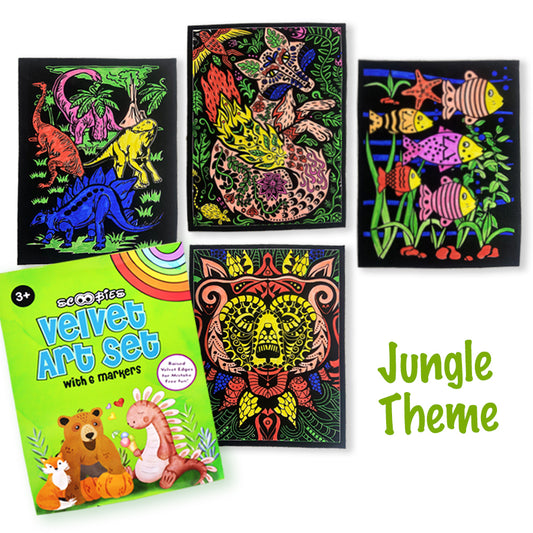 Velvet Art Book | Jungle Theme  | Set of 4 Velvet Cards | With 6 Fibre Pens  |     A4 Poster Size | Embossed 3D Craft