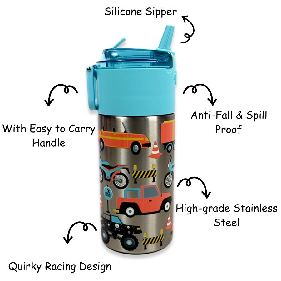 Blu-er Junior Bottle |  With Snacks Slot | Quirky Racing Design |  Premium Stainless-steel |  350 ML