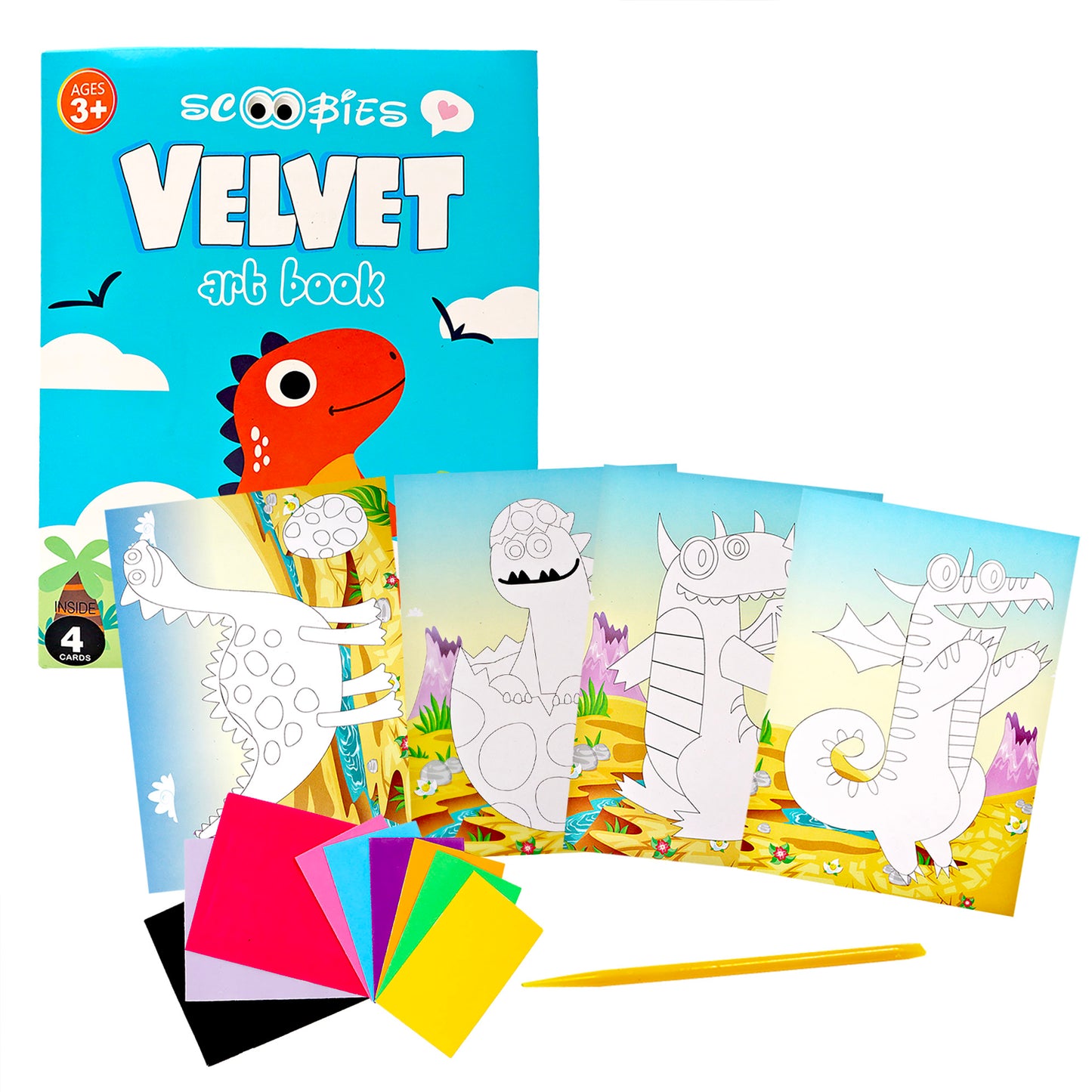 Velvet Art Book - New Edition (Dinosaur World) | 4 Design Cards | 15 Piece Set | Embossed 3D Craft