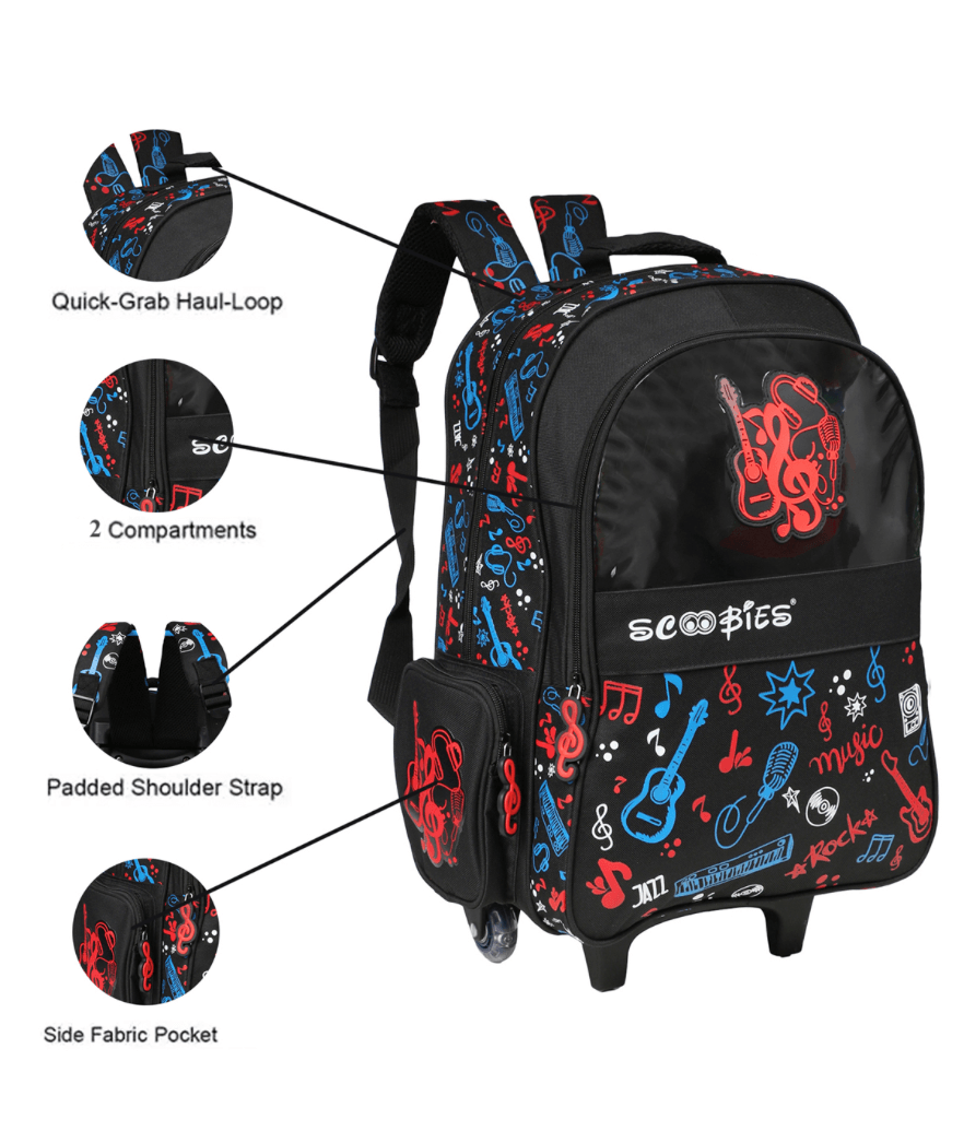 Boys trolley Bag |  With Lighted Wheels | Scented Zippers |  Rockstar-Music Print |   Multi-Use Bag - Scoobies