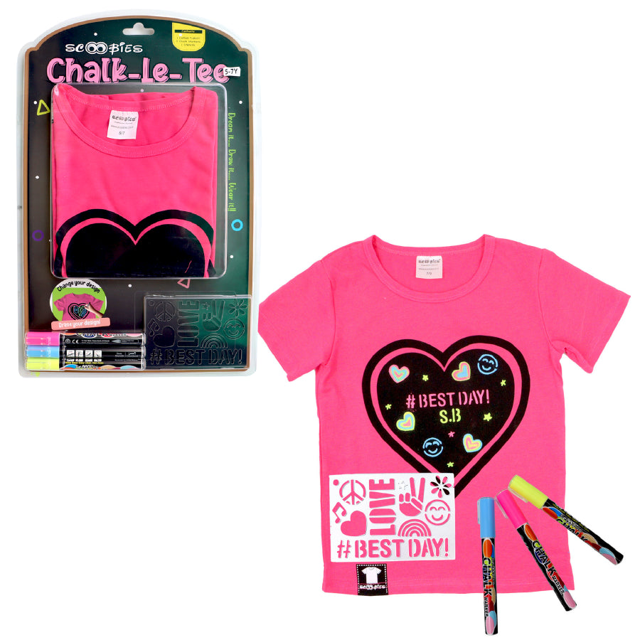 Chalk-Le-Tee Tshirt | Pink Heart Design | With Chalk Markers & Stencil | Reusable | Washable