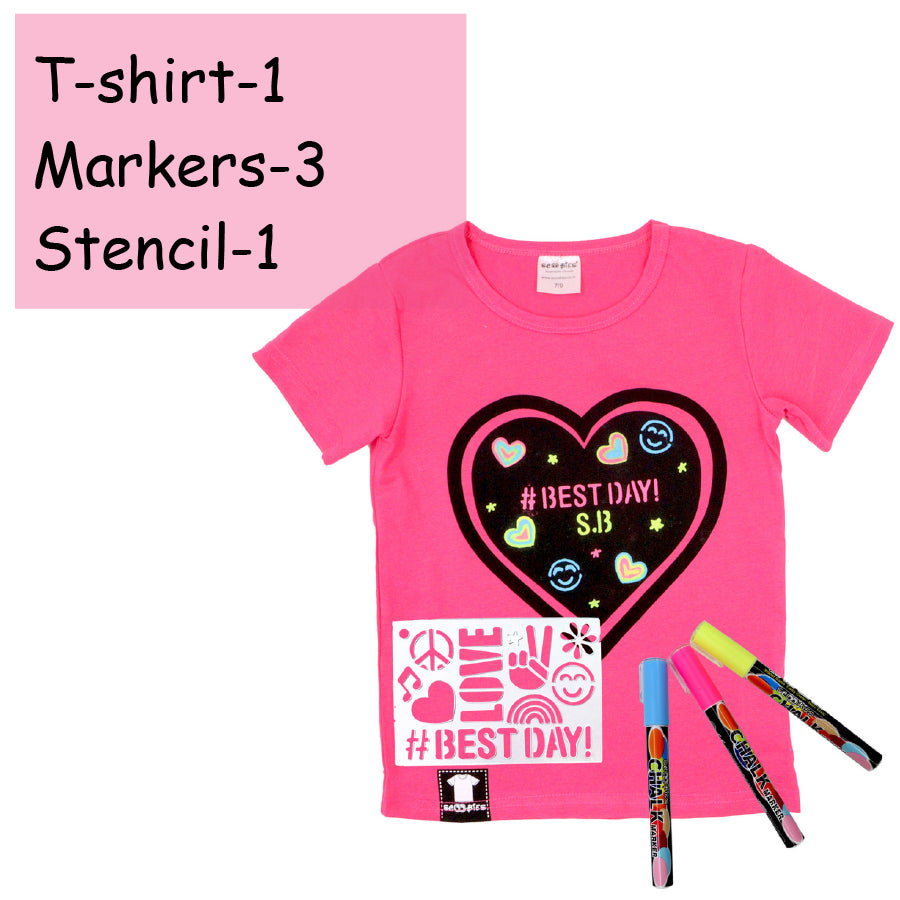 Chalk-Le-Tee Tshirt | Pink Heart Design | With Chalk Markers & Stencil | Reusable | Washable