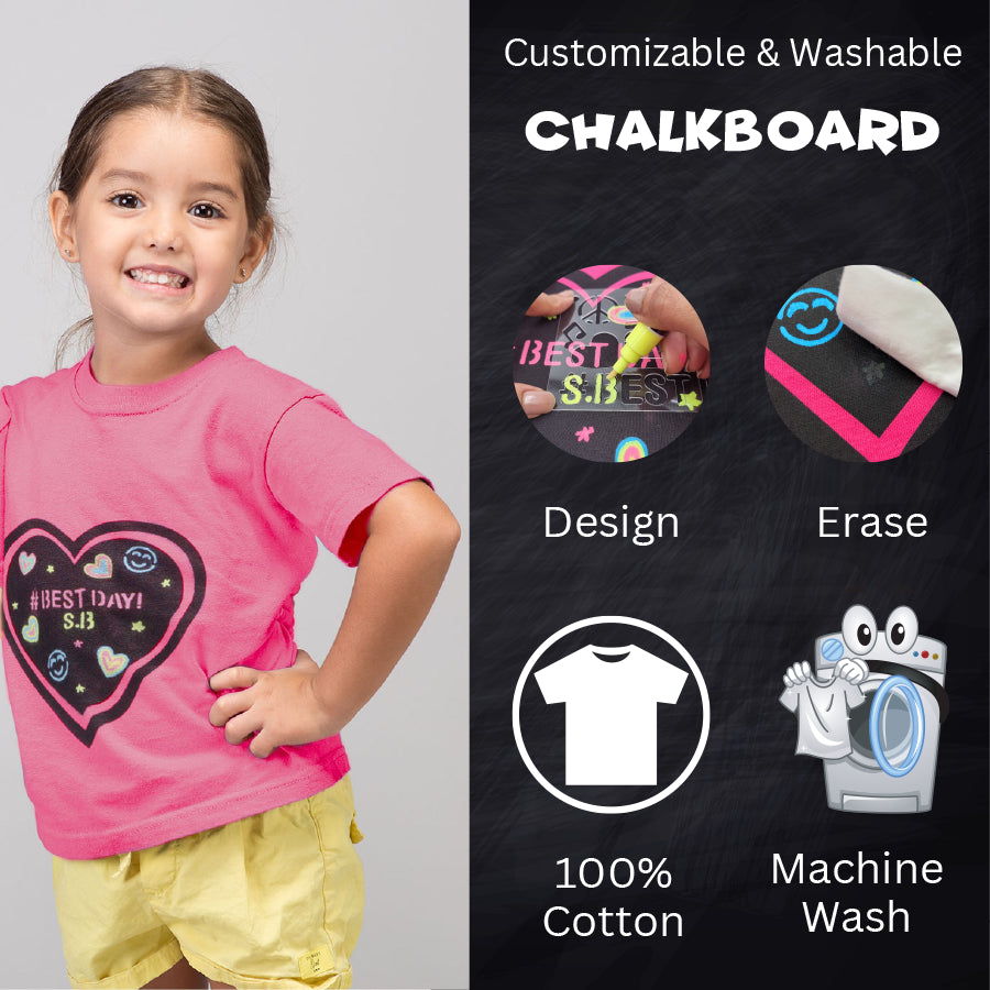 Chalk-Le-Tee Tshirt | Pink Heart Design | With Chalk Markers & Stencil | Reusable | Washable