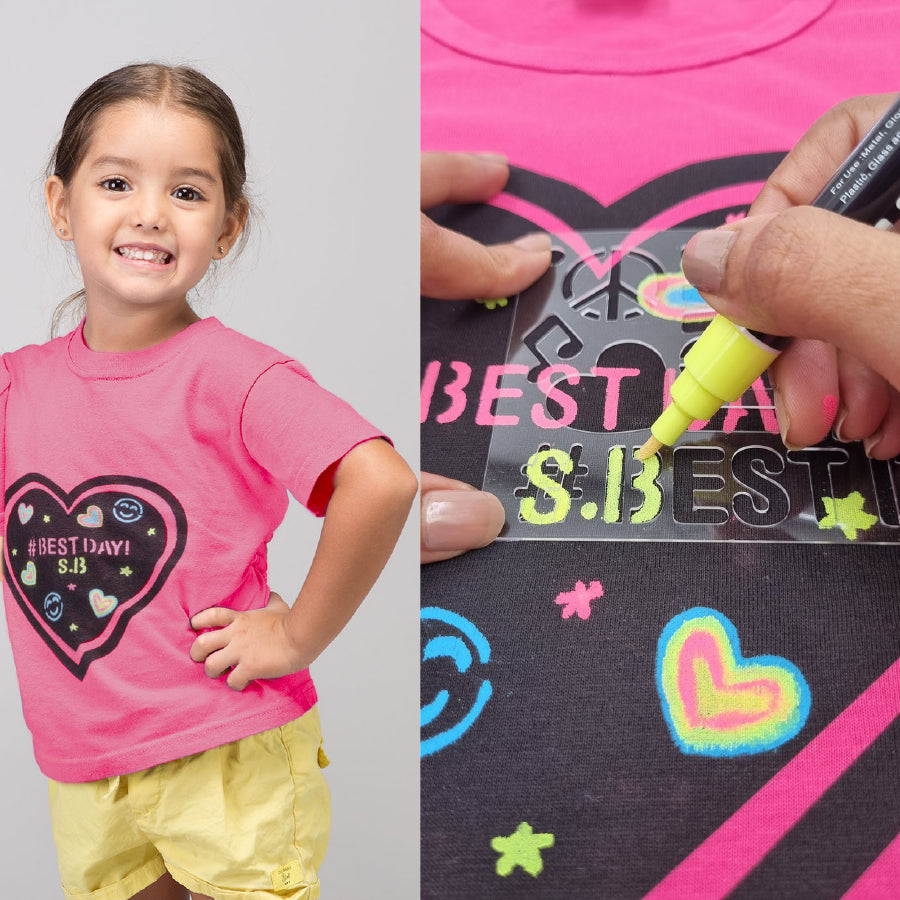 Chalk-Le-Tee Tshirt | Pink Heart Design | With Chalk Markers & Stencil | Reusable | Washable
