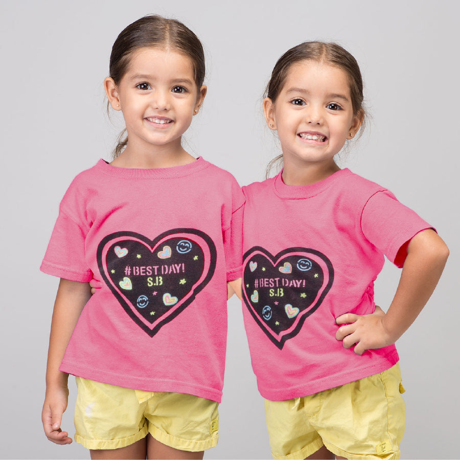 Chalk-Le-Tee Tshirt | Pink Heart Design | With Chalk Markers & Stencil | Reusable | Washable