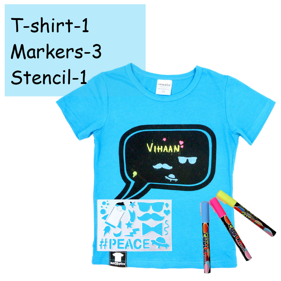Chalk-Le-Tee Tshirt | Blue Speech Bubble Design | With Chalk Markers & Stencil | Reusable | Washable