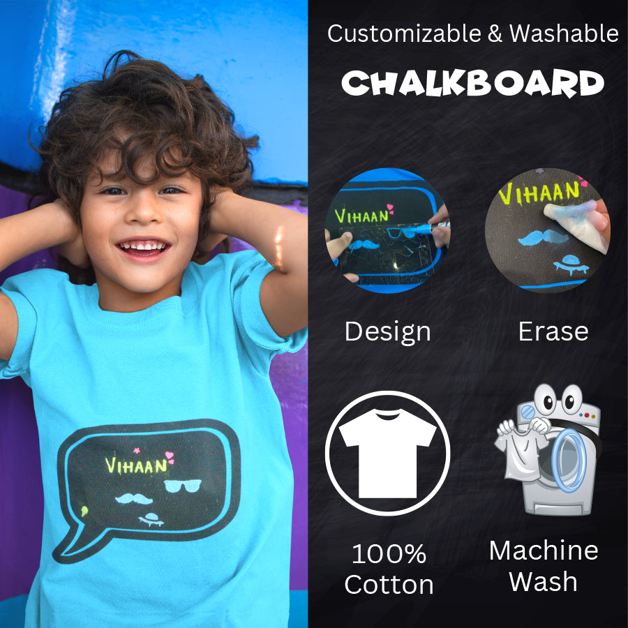 Chalk-Le-Tee Tshirt | Blue Speech Bubble Design | With Chalk Markers & Stencil | Reusable | Washable