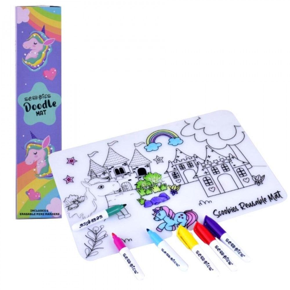 Doodle Mat (Unicorn Design) | Travel-Friendly | BPA Free Prime Silicone Quality | Dine N Mess-Free Placemat | With 6 Dry-Erase & Washable Markers | Kids Activity Kit - Scoobies